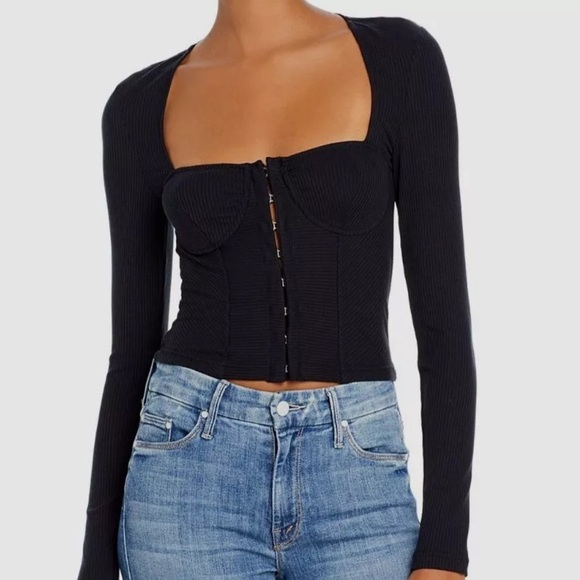 NEW Jonathan Simkhai {$225} Women's Black Ribbed Bustier Long-Sleeve Crop Top Lg - Picture 1 of 11